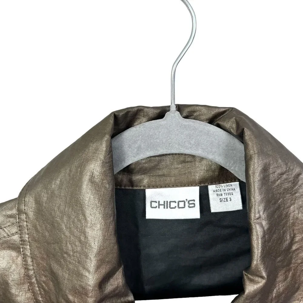 Chico's Womens Swing Linen Jacket Coated Metallic Bronze Button 3/4 Sleeve Sz 3* - Picture 3 of 5